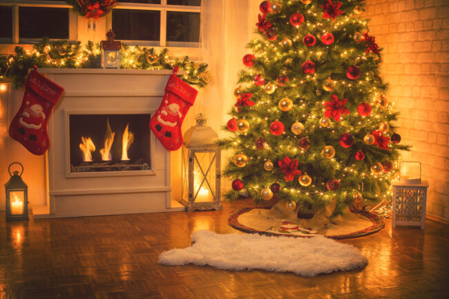 Christmas Tree Near Fireplace at Home